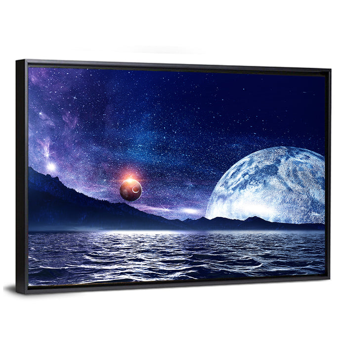 Hidden Moon Over Alien Sea Wall Art as a framed canvas