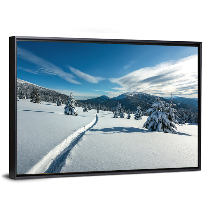 Snowy Carpathian Trail Wall Art as a framed canvas
