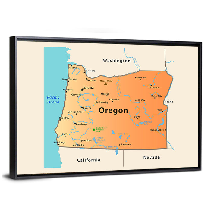 Oregon State Map Wall Art as a framed canvas