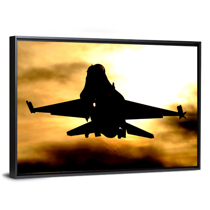 F-16 Landing at Golden Sunset Wall Art as a framed canvas