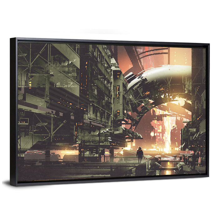 Cyberpunk City Wall Art as a framed canvas
