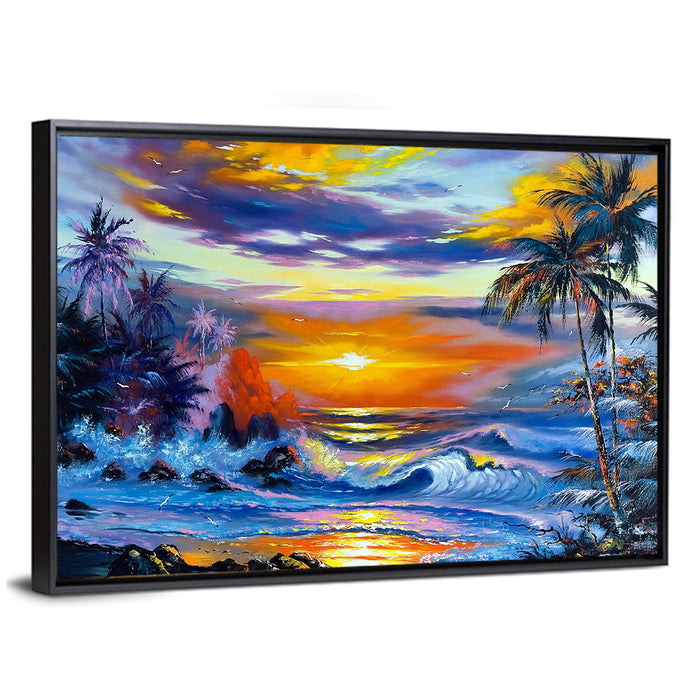 Evening Coastal Sunset with Palm Silhouettes Wall Art as a framed canvas