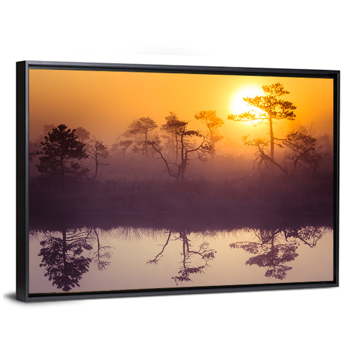Misty Golden Lake Sunrise Wall Art as a framed canvas