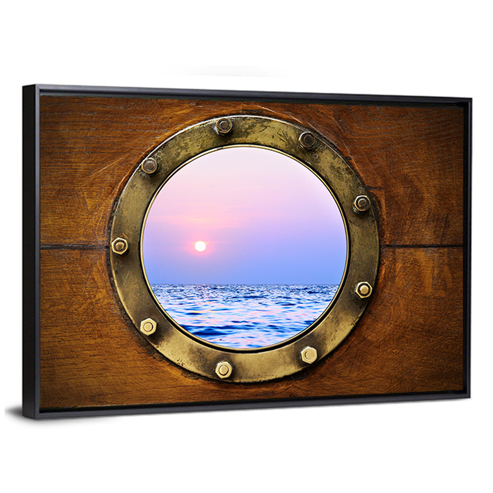 Brass Porthole with Sunset Horizon Wall Art