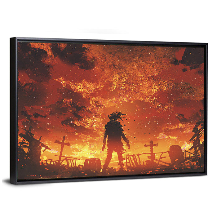 Zombie Walking Through Burnt Cemetery Wall Art as a framed canvas