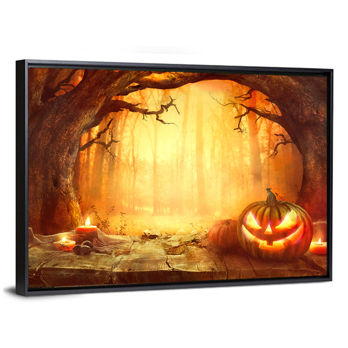 Halloween Jack O'lantern in Dark Forest Wall Art as a framed canvas