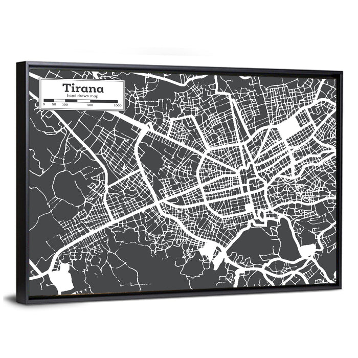 Tirana City Map Wall Art as a framed canvas