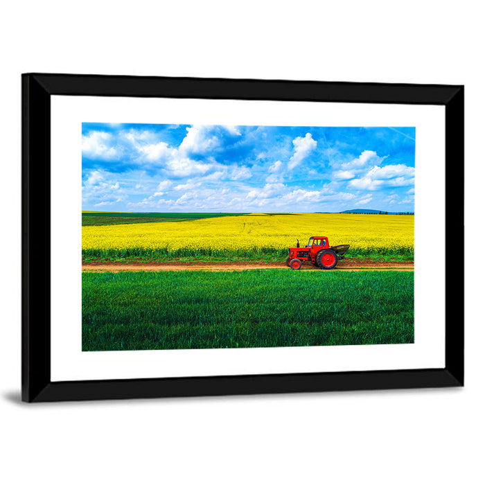 Red Tractor Over Yellow Rapeseed Field Wall Art as a framed print