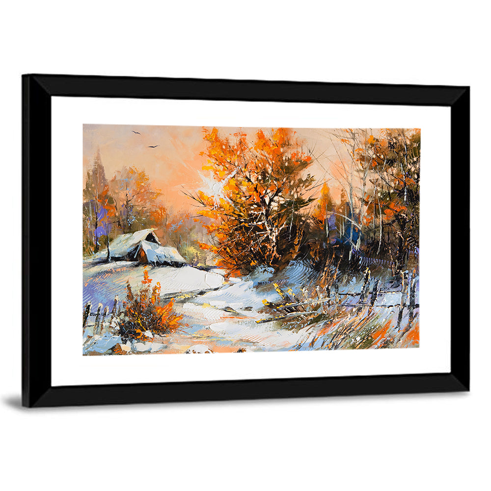 Snowy Cottage at Golden Hour Wall Art