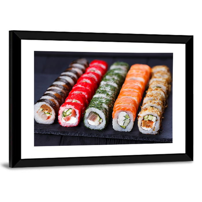 Sushi Rolls on Slate Wall Art as a framed print