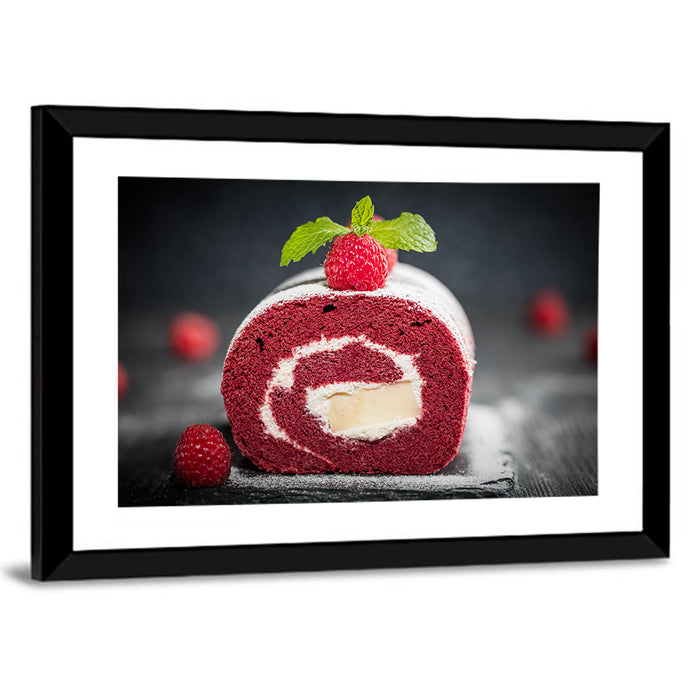 Raspberry Swiss Roll Cake Wall Art as a framed print