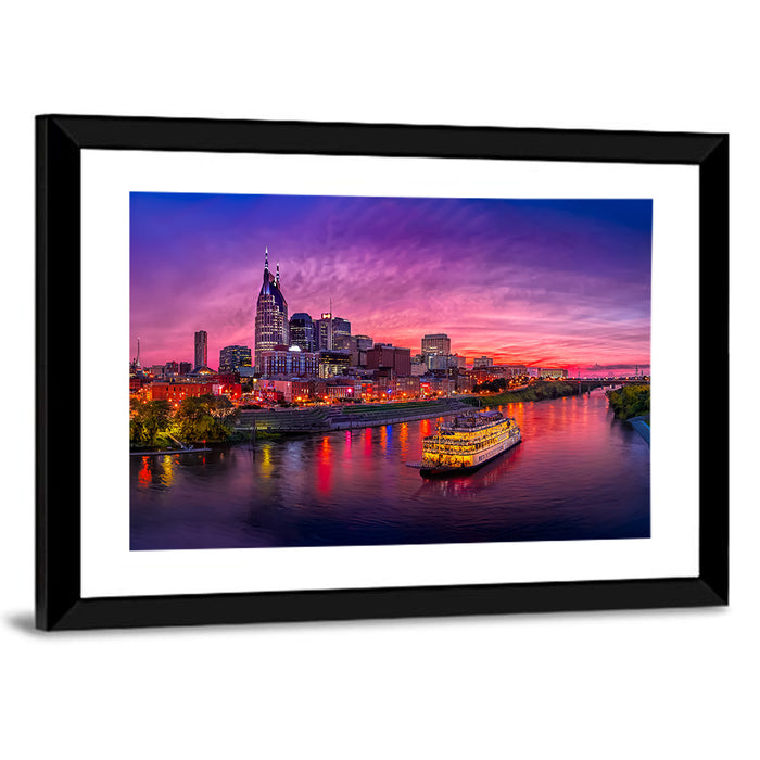 Nashville Riverfront Skyline at Dusk Wall Art as a framed print