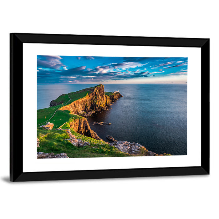 Neist Point Lighthouse at Golden Hour Wall Art as a framed print