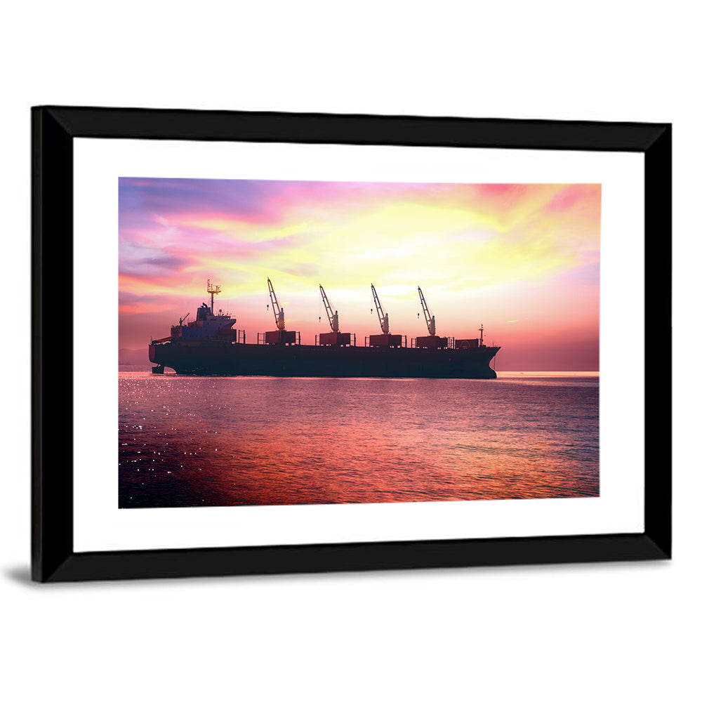 Sunset Cargo Ship Silhouette Wall Art