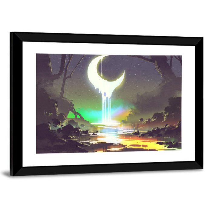 Dripping Moon Over Misty Forest Wall Art as a framed print