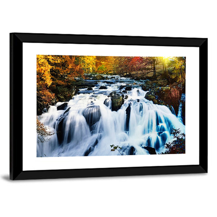 Mossy Autumn Forest Waterfall Wall Art as a framed print