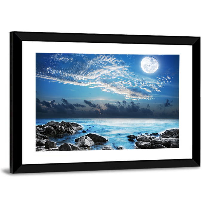 Moonlit Tropical Bay with Rocky Coast Wall Art as a framed print
