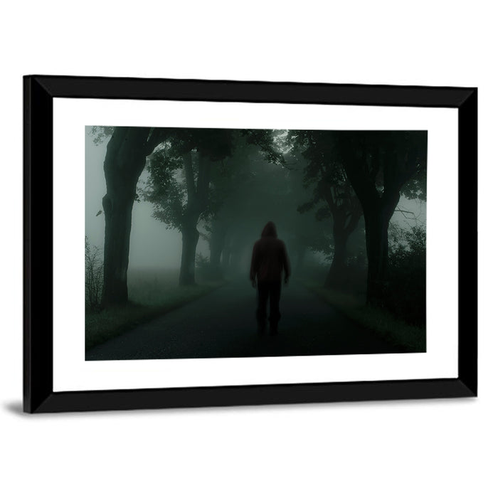 Hooded Silhouette on Foggy Forest Road Wall Art as a framed print
