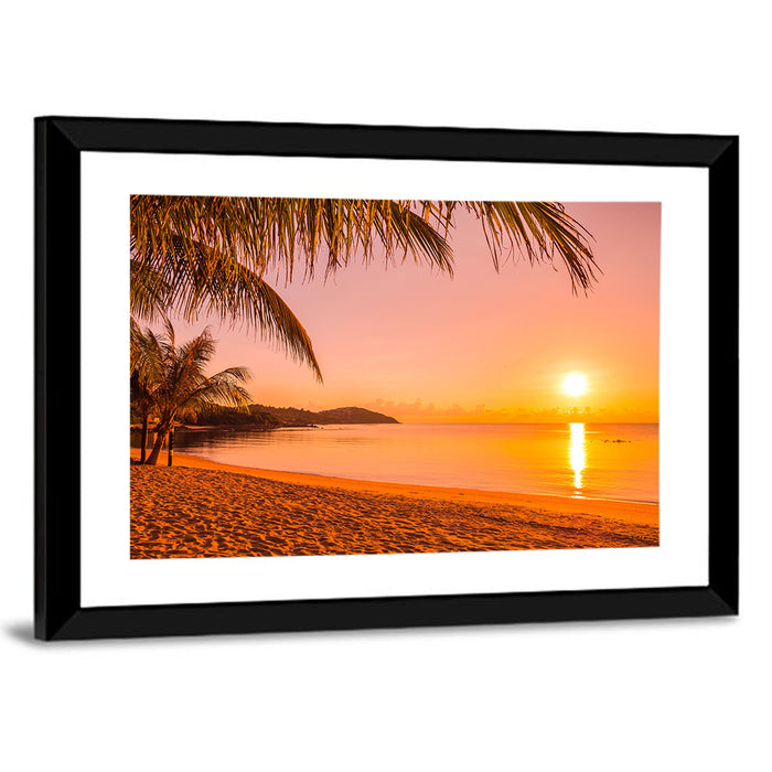 Golden Palm Sunset Wall Art as a framed print