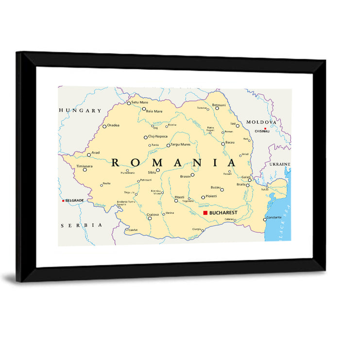 Minimalist Romania Political Map Wall Art as a framed print