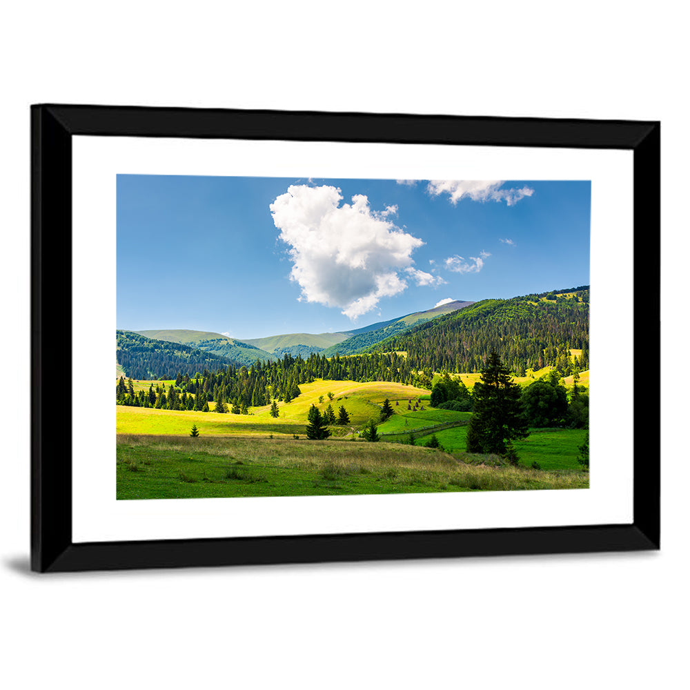 Sunlit Haystacks on Rolling Grassy Hills Wall Art