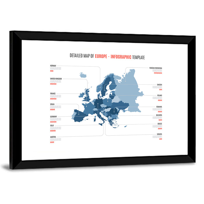 Detailed Map of Europe Infographic Wall Art as a framed print