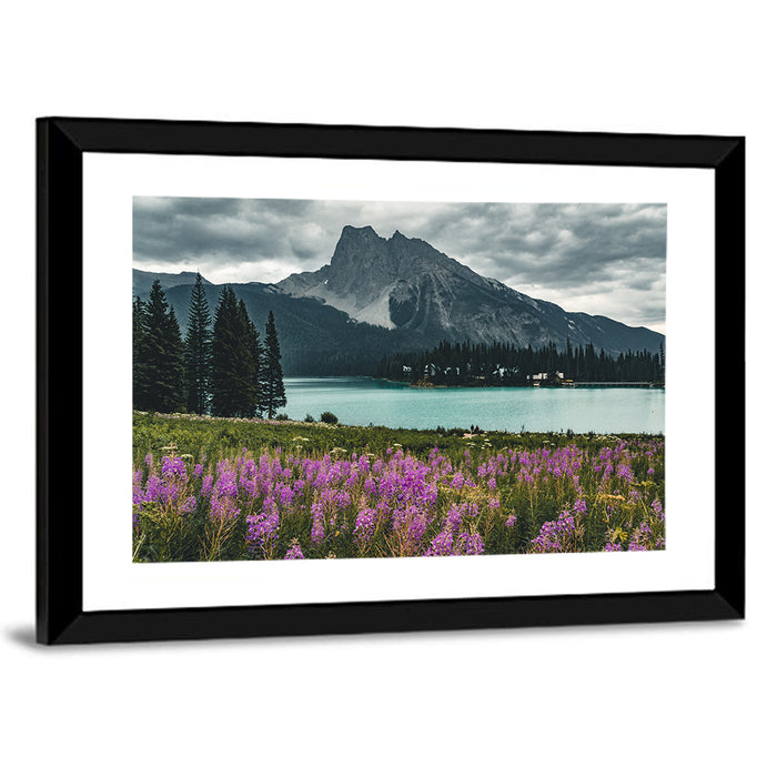 Emerald Lake with Fireweed Wall Art as a framed print