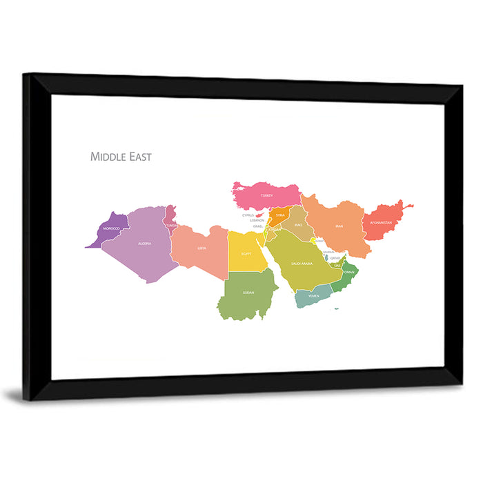 Colorful Middle East Map Wall Art as a framed print