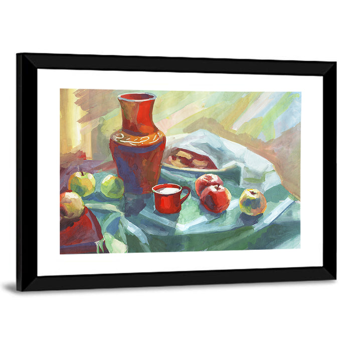 Vase, Apples and Red Cup Still Life Wall Art as a framed print