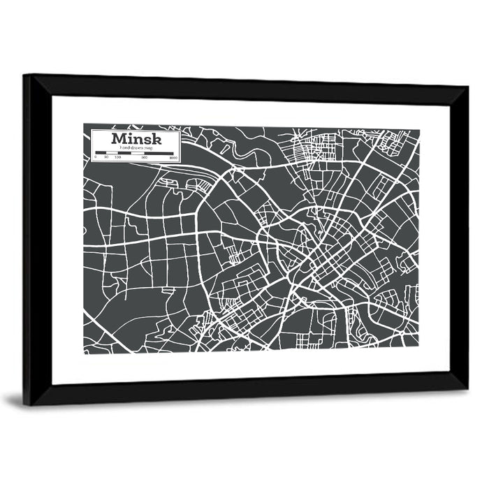 Minsk Hand Drawn Map Wall Art as a framed print