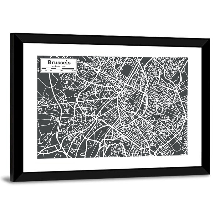 Brussels Street Grid Map Wall Art as a framed print
