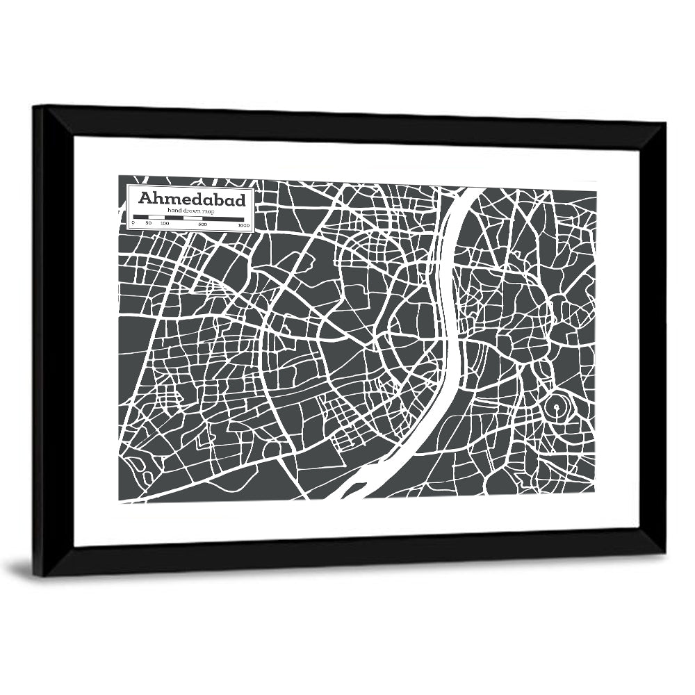 Ahmedabad Aerial Map, Minimalist Gray Wall Art