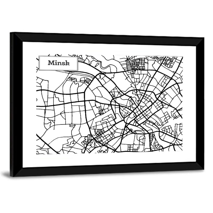 Minsk Street Grid Map Wall Art as a framed print