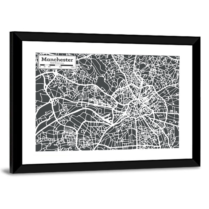 Manchester Street Grid Map Wall Art as a framed print