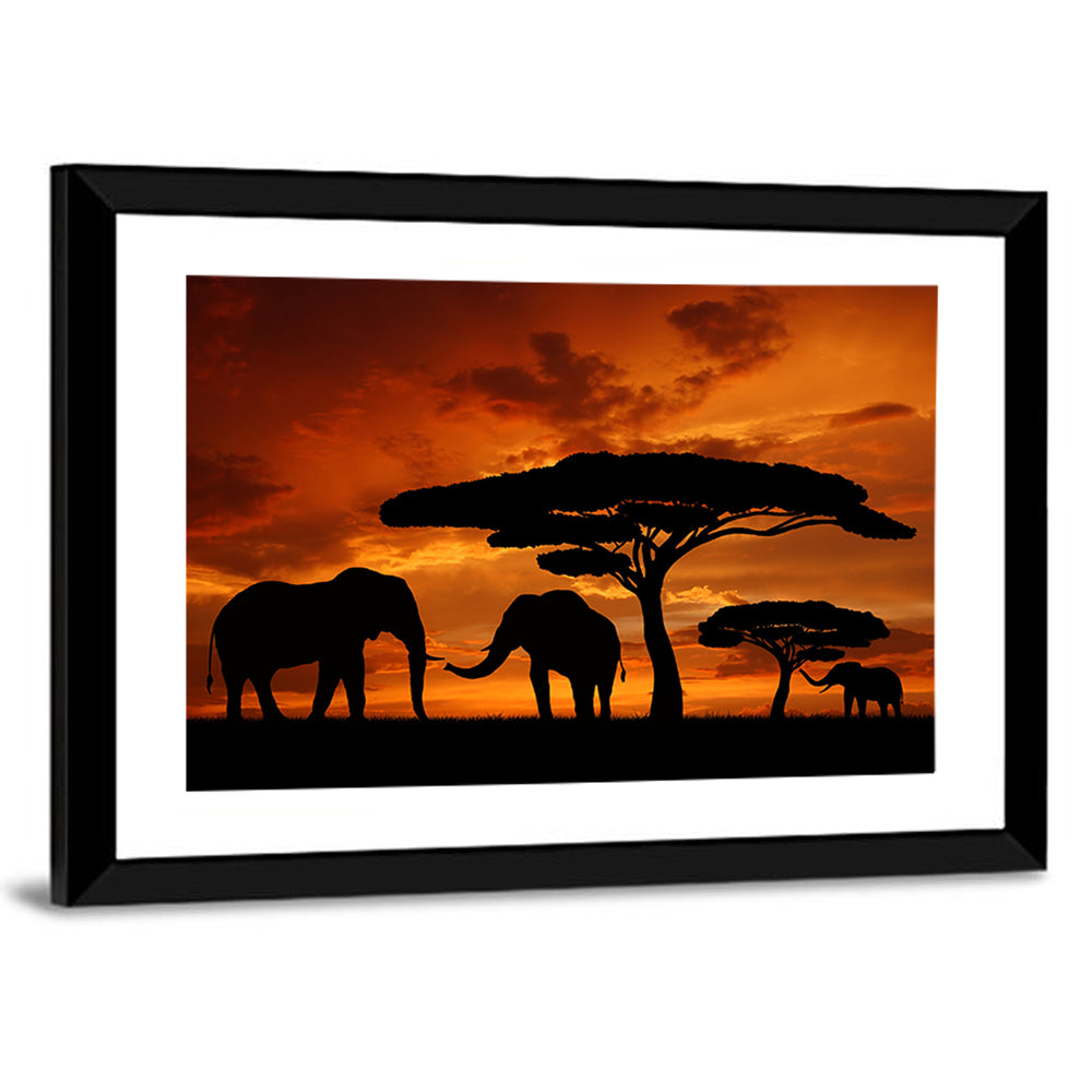 Three Elephants at Sunset Wall Art