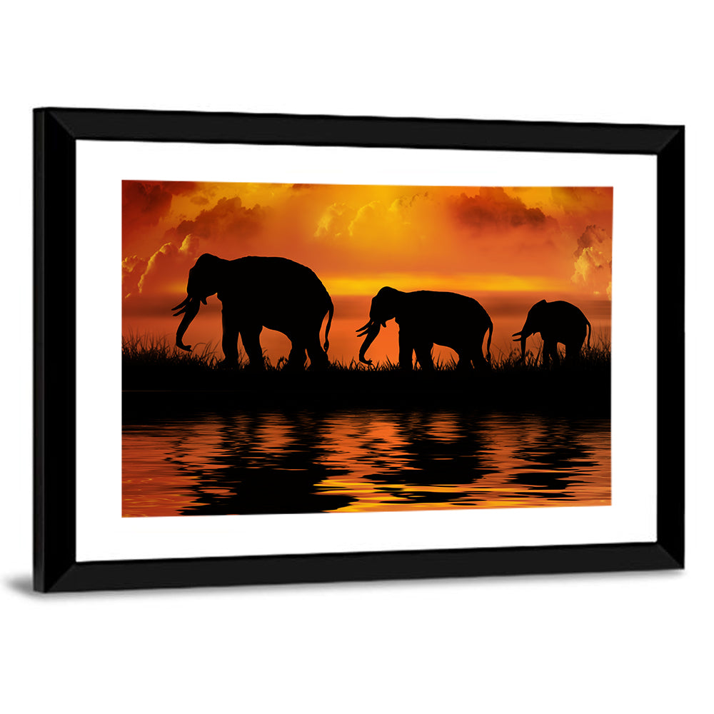 Elephants at Sunset Wall Art