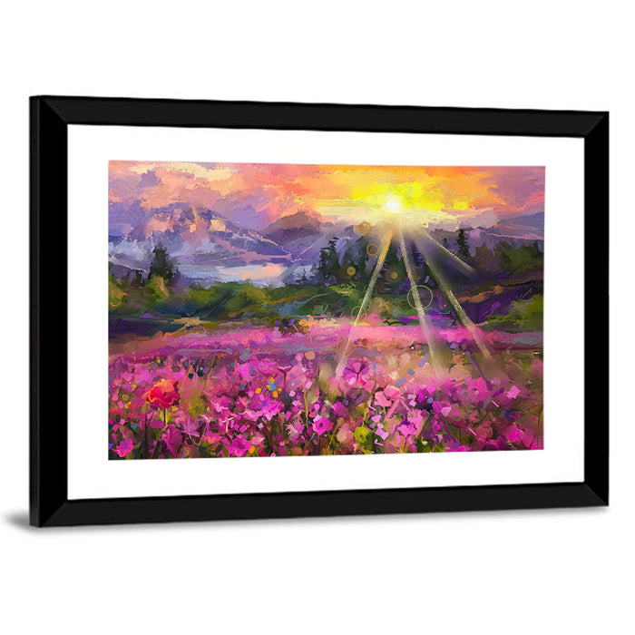 Cosmos Meadow Sunset Wall Art as a framed print