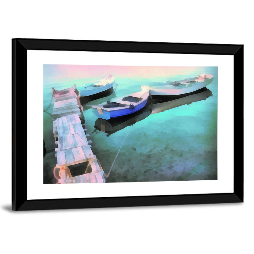 Two Boats by a Wooden Dock Wall Art