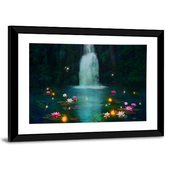 Moonlit Lotus Pond and Waterfall Wall Art