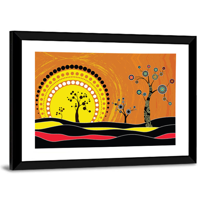 Aboriginal Dot Sunset Wall Art as a framed print