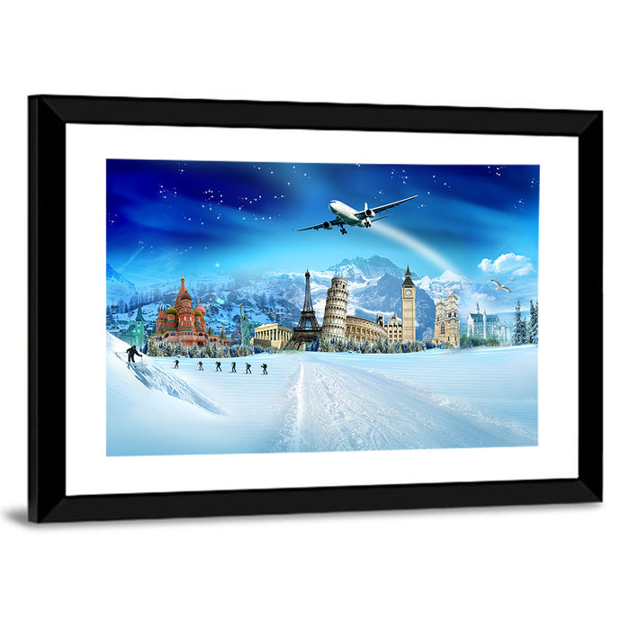 Global Winter Travel Montage Wall Art as a framed print