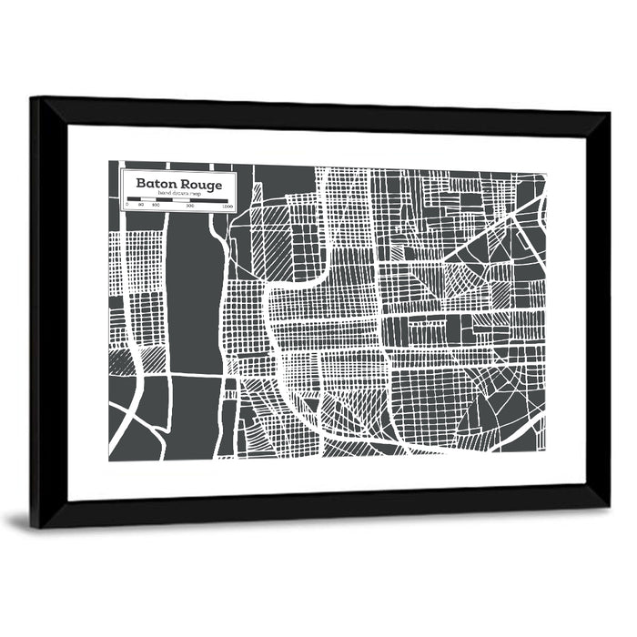 Baton Rouge Street Grid Map Wall Art as a framed print