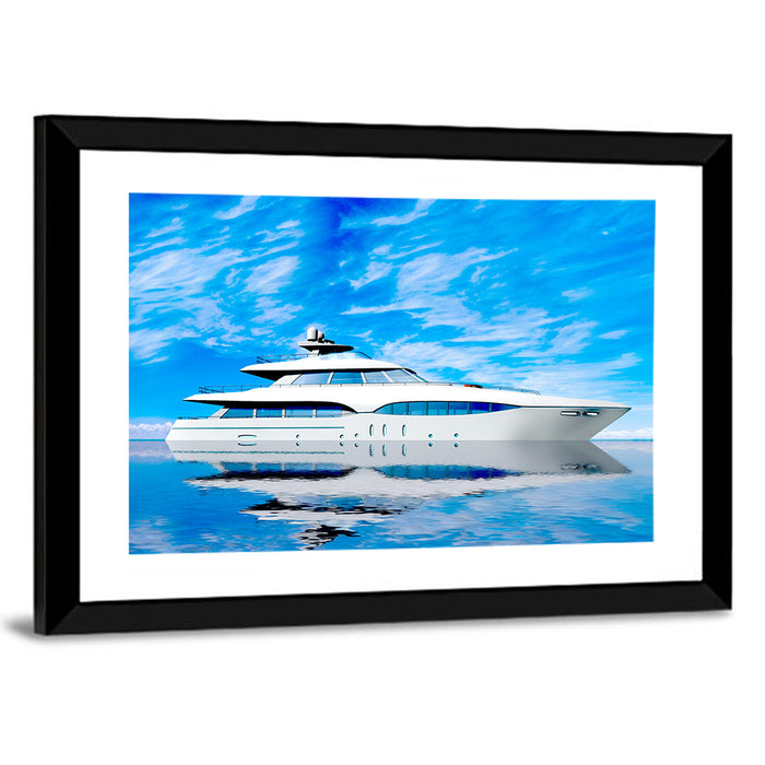 Blue Yacht Reflection Wall Art as a framed print
