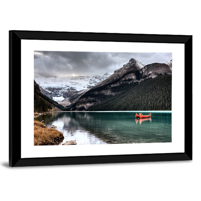 Lake Louise Canoes and Glacier Wall Art as a framed print