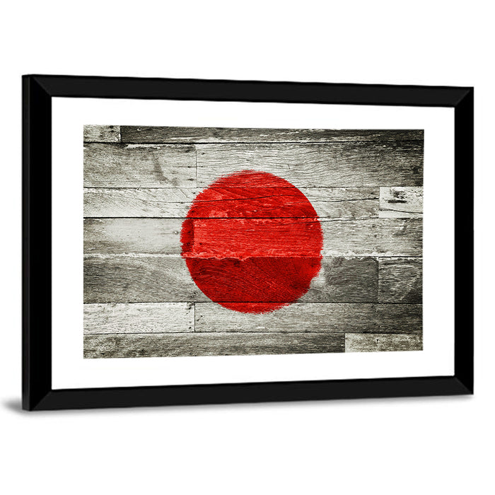 Japanese Flag on Distressed Wood Wall Art as a framed print