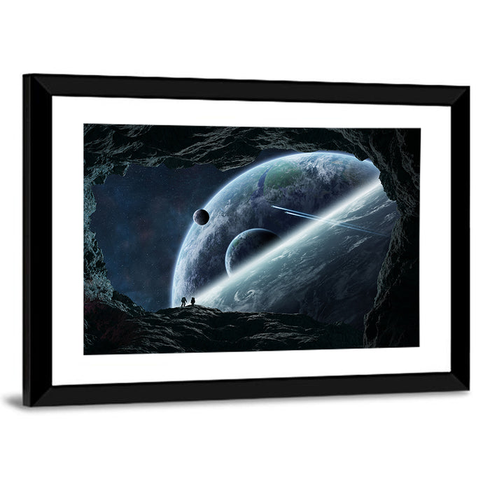 Astronaut Silhouettes in Cave Wall Art as a framed print