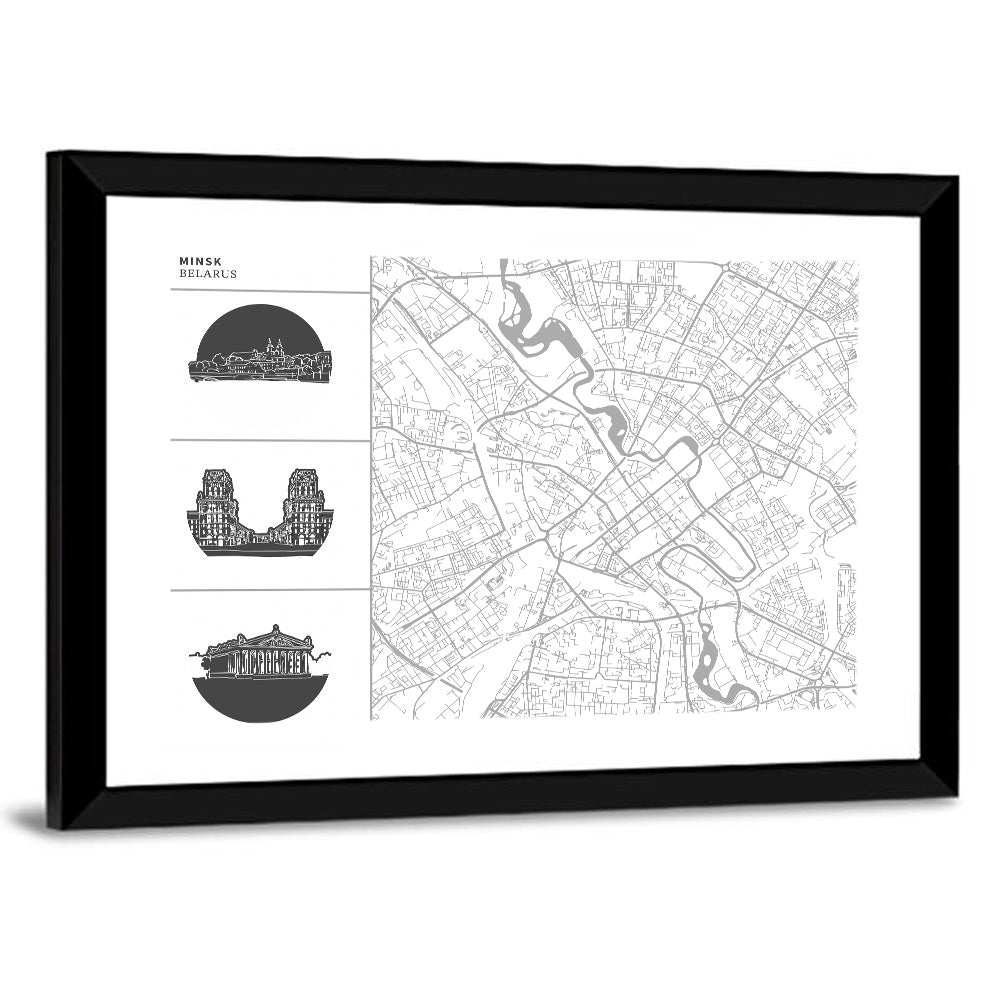 Minsk Map with Architectural Vignettes Wall Art