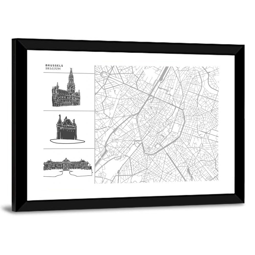 Brussels Map with Architectural Icons Wall Art