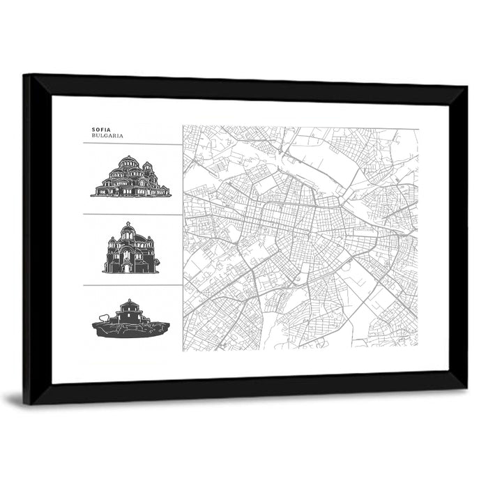 Sofia Map with Cathedral Illustrations Wall Art as a framed print