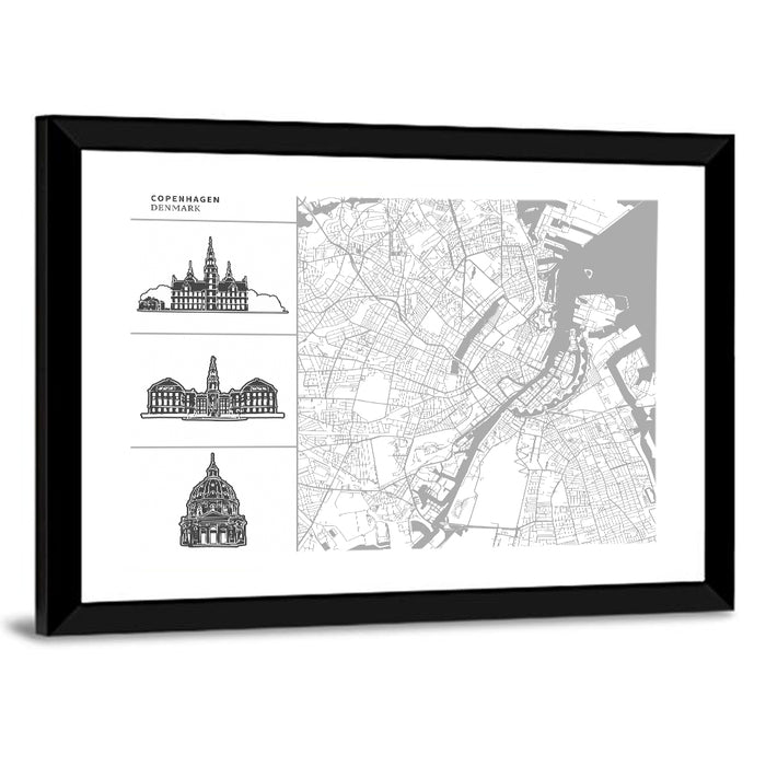 Copenhagen Map with Architectural Silhouettes Wall Art as a framed print